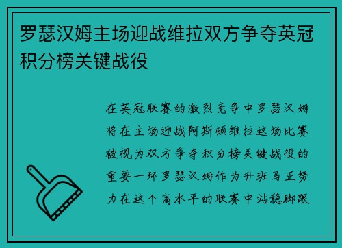 罗瑟汉姆主场迎战维拉双方争夺英冠积分榜关键战役